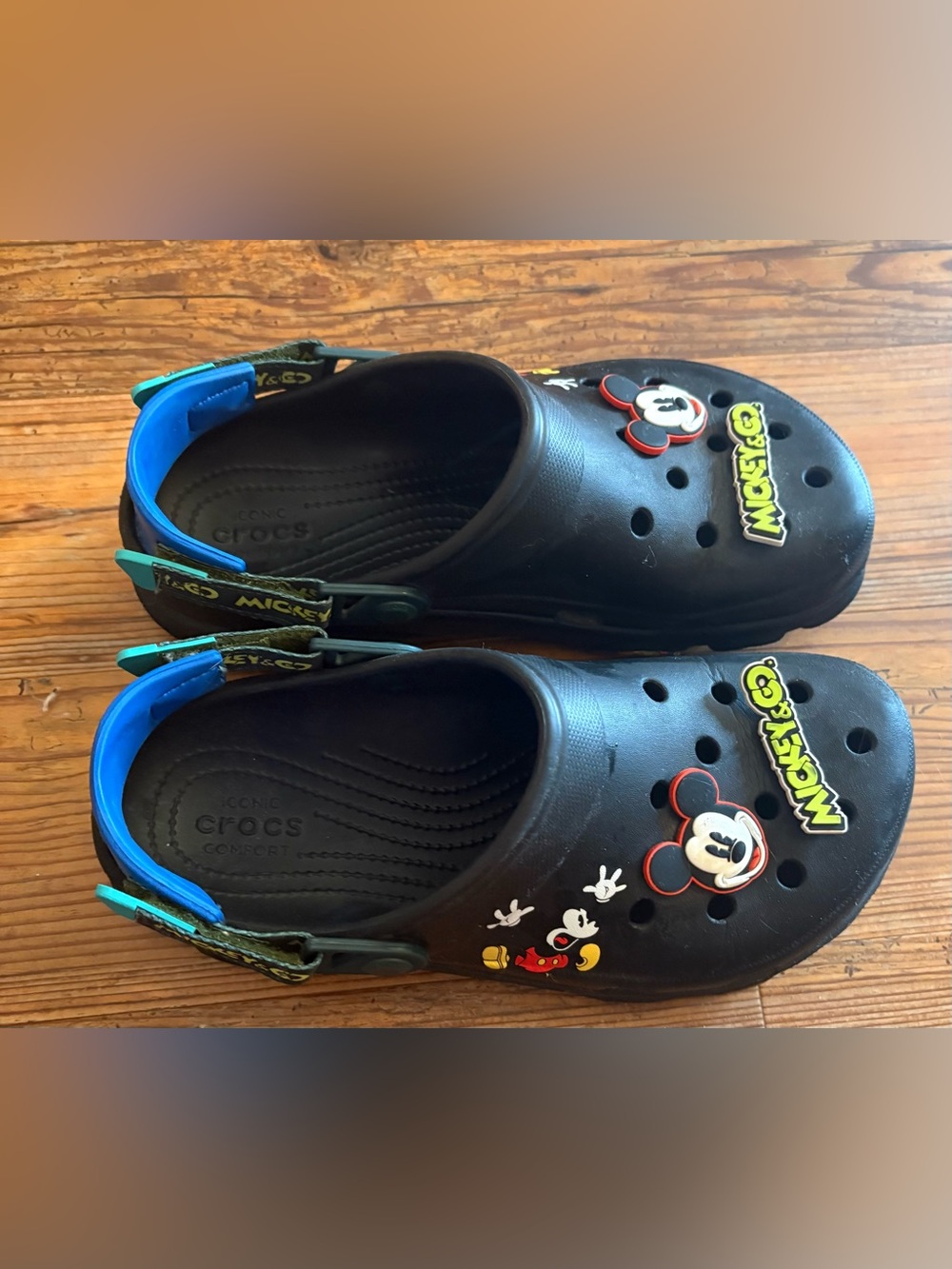 CROCS Black Mickey Mouse Clog Sandals with Blue Straps